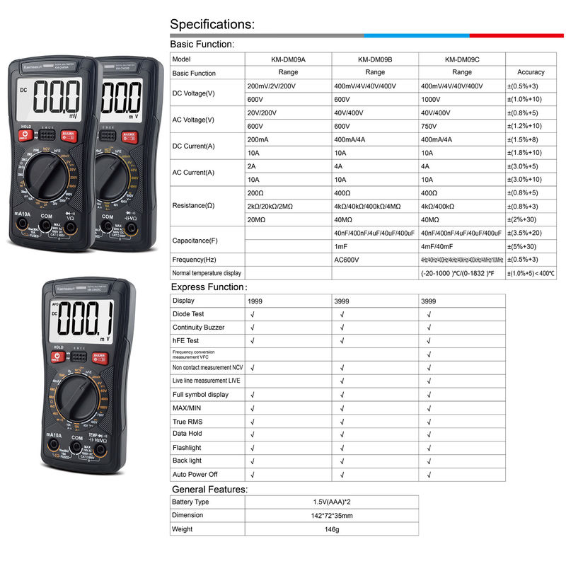 Multimeter Tegangan Saat Ini Sesuaikan Pengukuran Non Kontak NCV Profesional Smart Multimeter Layar LCD Multimeter Digital