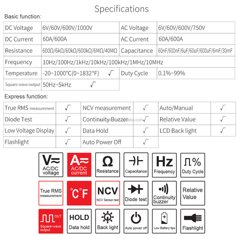Multimeter digital portabel dengan detektor tegangan dan penjepit mengukur kisaran resistensi 600Ω/6kΩ/60kΩ/600kΩ/6MΩ/40MΩ