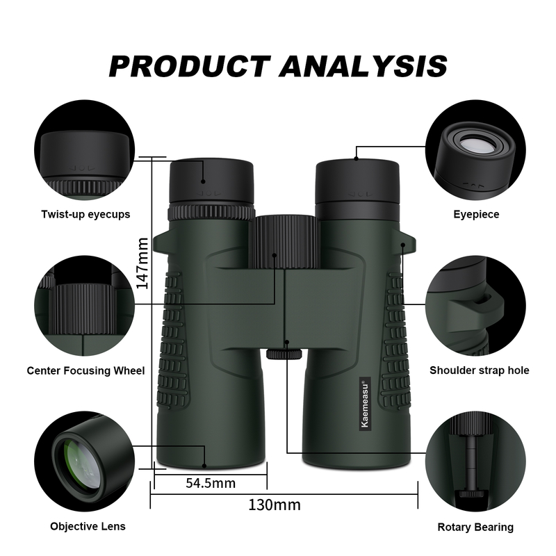 Teropong Kaemeasu C Model Warna Hijau 10x42 HD Tahan Air untuk Dewasa, Teropong untuk Pengamatan Burung dan Mendaki, Optik dengan Prisma BAK4, Bodi Paduan Magnesium Tahan Guncangan, Penglihatan Jelas dan Terang